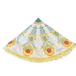 Gypsy 05 Round Tablecloth 66" The Boho Beach Teal And Yellow With Fringe